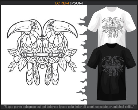 Hornbill bird mandala arts isolated on black and white t shirt.のイラスト素材