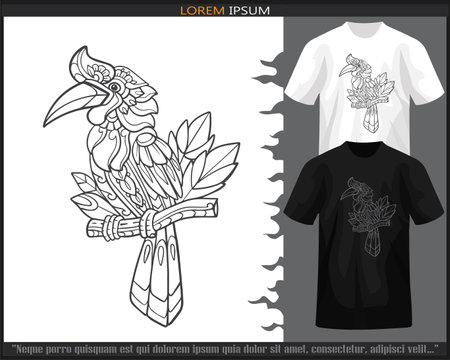 Hornbill bird mandala arts isolated on black and white t shirt.のイラスト素材