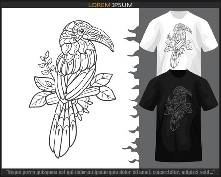 Hornbill bird mandala arts isolated on black and white t shirt.のイラスト素材