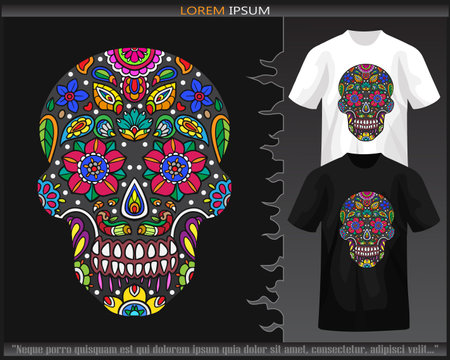 Colorful skull head mandala arts isolated on black and white t shirt.のイラスト素材