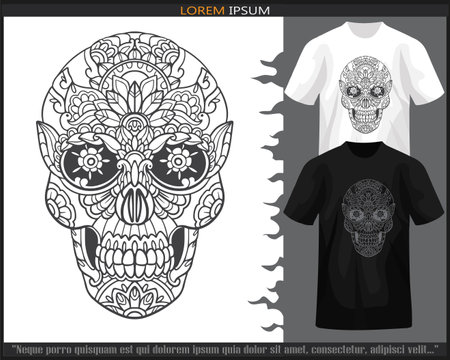 skull head mandala arts isolated on black and white t shirt.のイラスト素材