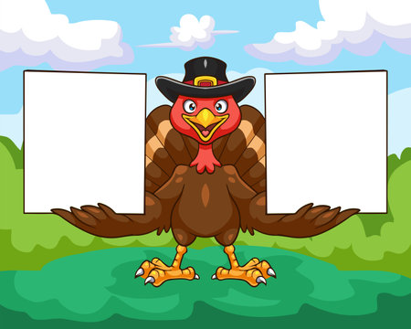 Cute turkey holding blank signのイラスト素材