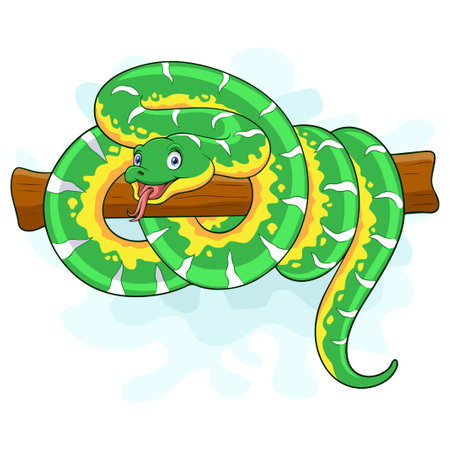 cartoon happy green tree python isolated on white backgroundのイラスト素材