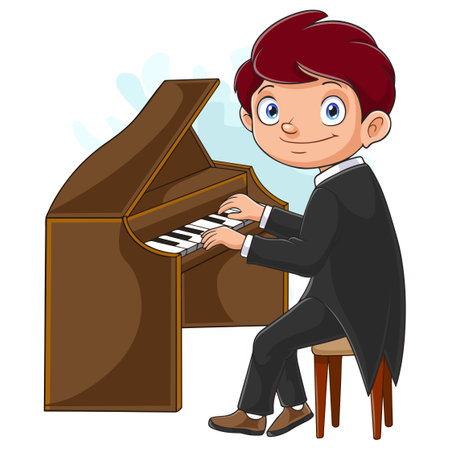 Cartoon little boy playing pianoのイラスト素材