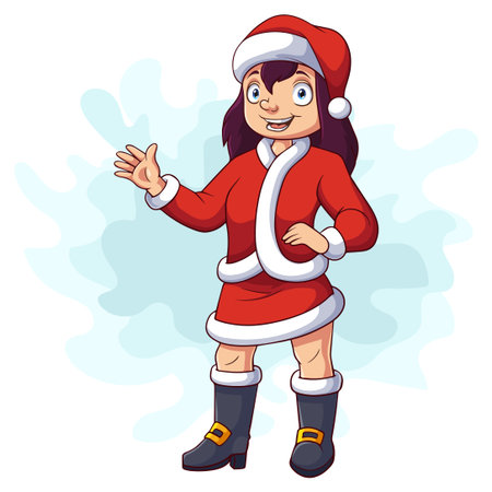 Cartoon little girl waving in christmas costumeのイラスト素材
