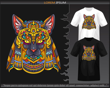 Bastet head mandala arts isolated on black and white t shirt.のイラスト素材