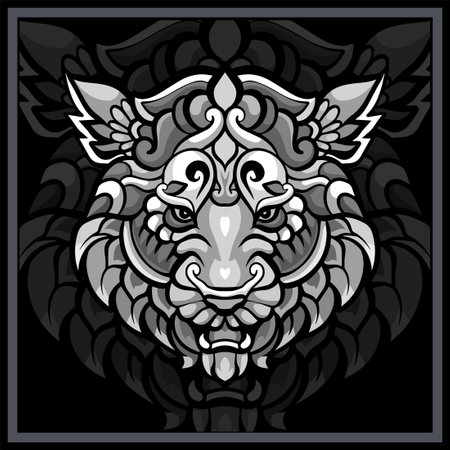 Monochrome Tiger head mandala arts isolated on black background.のイラスト素材
