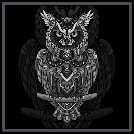 Monochrome Owl bird mandala arts isolated on black background.のイラスト素材
