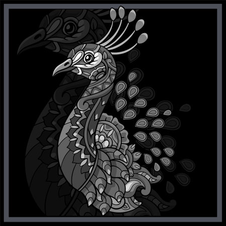 Monochrome Peacock bird mandala arts isolated on black background.のイラスト素材