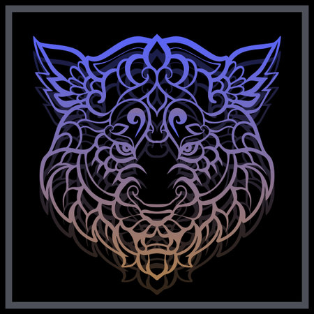 Gradient Colorful Tiger head mandala arts isolated on black background.のイラスト素材