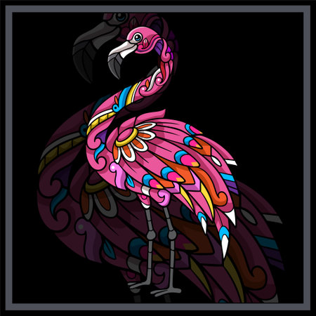 Colorful flamingo mandala arts isolated on black background.のイラスト素材