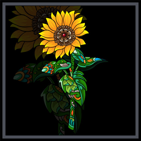 Colorful Sun flower mandala arts isolated on black background.のイラスト素材