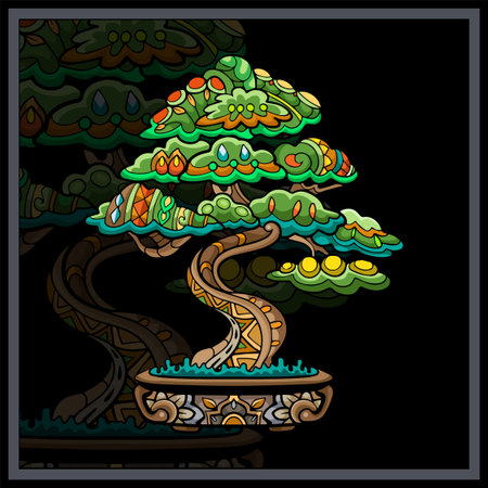 Colorful Bonsai tree mandala arts isolated on black background.のイラスト素材
