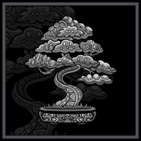 Monochrome Bonsai tree mandala arts isolated on black background.のイラスト素材
