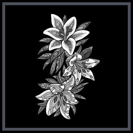 Monochrome tiger lily flower mandala arts isolated on black background.のイラスト素材