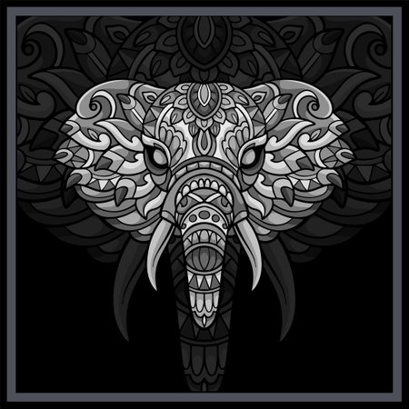 Monochrome Elephant head mandala arts isolated on black background.のイラスト素材