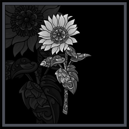 Monochrome Sun flower mandala arts isolated on black background.のイラスト素材