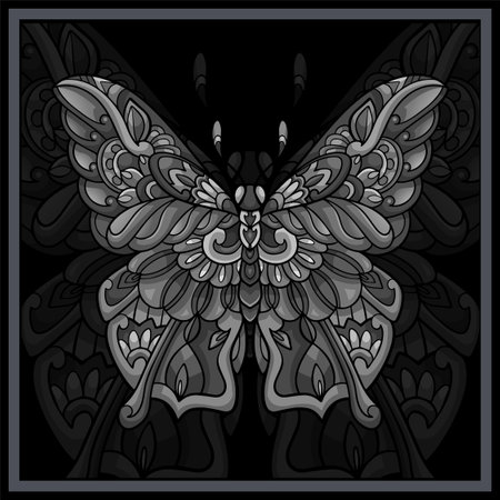 Monochrome Butterfly mandala arts isolated on black background.のイラスト素材