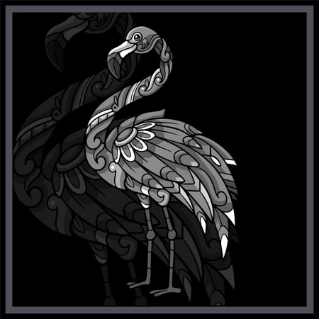 Monochrome Flamingo mandala arts isolated on black background.のイラスト素材