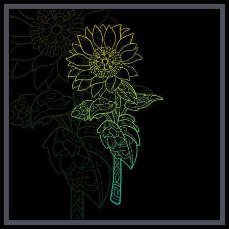 Gradient Colorful Sun flower mandala arts isolated on black background.のイラスト素材