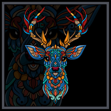 Colorful Deer head mandala arts isolated on black backgroundのイラスト素材