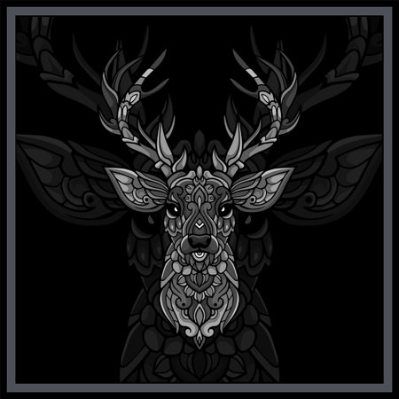 Monochrome Deer head mandala arts isolated on black backgroundのイラスト素材