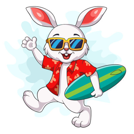 cartoon white rabbit carrying a surfboardのイラスト素材