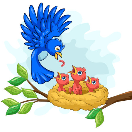 Mother blue bird feeding babies in a nestのイラスト素材