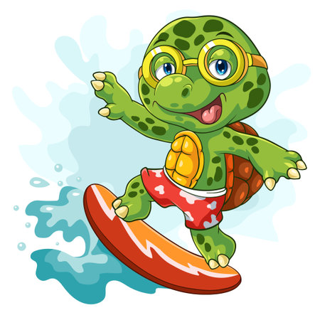 Cartoon turtle surfing in the sea.のイラスト素材