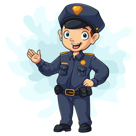 Cartoon smiling policeman waving handのイラスト素材