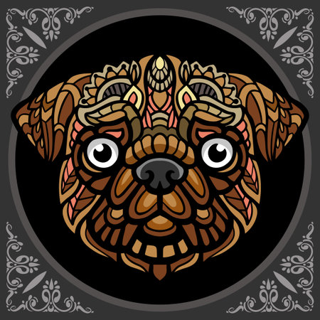 Colorful pug dog head mandala arts isolated on black and white t shirt.のイラスト素材