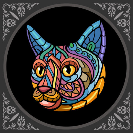 Colorful cat head mandala arts isolated on black backgroundのイラスト素材
