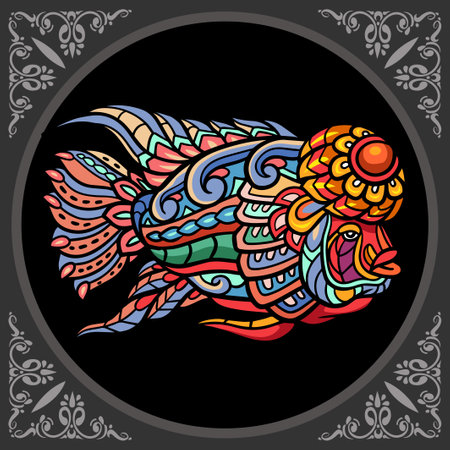 Colorful Flowerhorn fish mandala arts isolated on black backgroundのイラスト素材