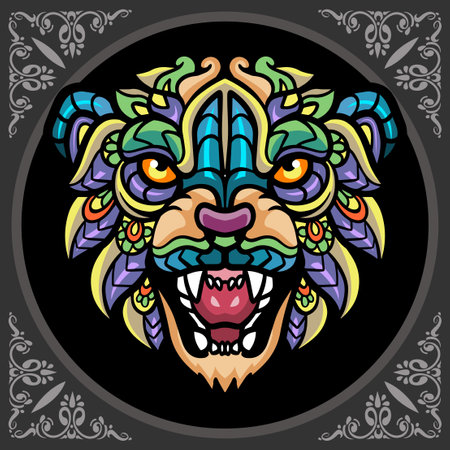 Colorful cheetah head mandala arts, isolated on black backgroundのイラスト素材