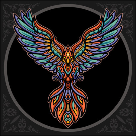 Colorful phoenix bird mandala arts, isolated on black backgroundのイラスト素材