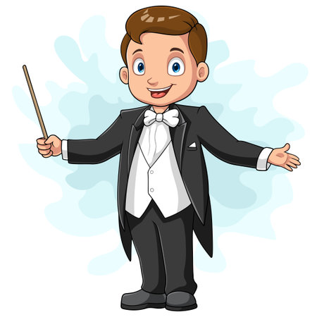 Cartoon boy conductor directing with batonのイラスト素材
