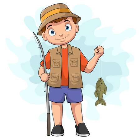 Cartoon happy little boy fishingのイラスト素材