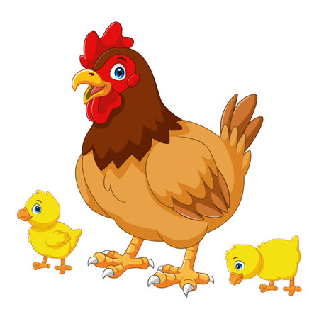 Cartoon hen with her baby chicksのイラスト素材