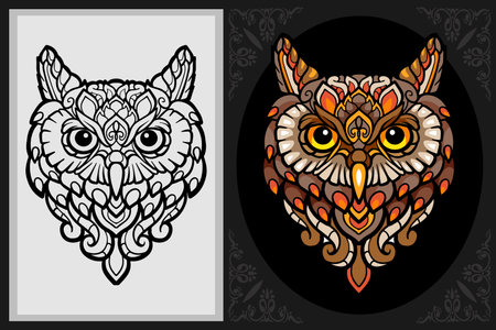 Colorful owl bird mandala arts with black line sketch isolated on black and white backgroundのイラスト素材