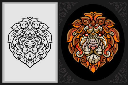 Colorful lion head mandala arts with black line sketch isolated on black and white backgroundのイラスト素材