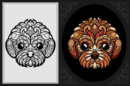 Colorful poodle dog head art with black line sketch isolated on black and white backgroundのイラスト素材