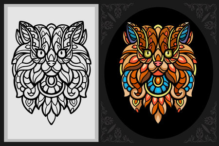 Colorful cat head mandala arts with black line sketch isolated on black and white backgroundのイラスト素材