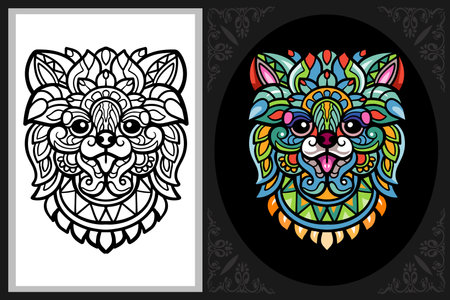 Colorful dog head mandala arts with black line sketch isolated on black and white backgroundのイラスト素材