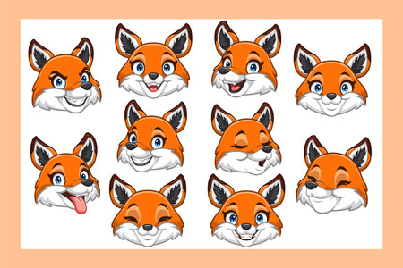 Collection of cartoon fox heads with various expressionsのイラスト素材