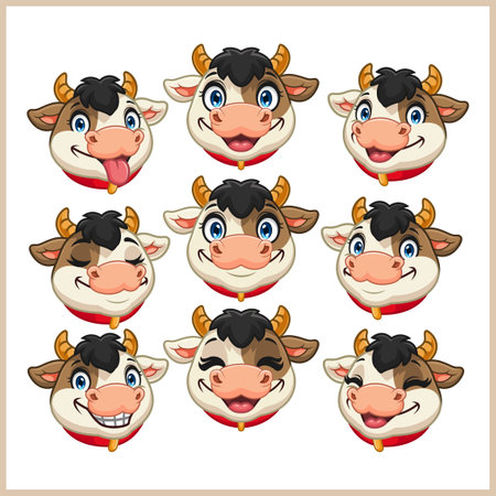 cartoon cow heads with various expressionsのイラスト素材