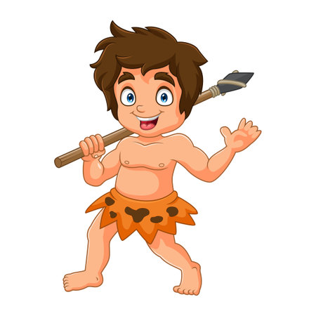 Cartoon young cavemen holding a stone axeのイラスト素材
