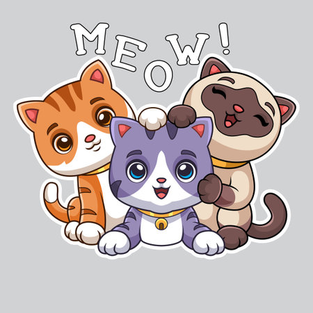 three cute cartoon kittens of different types playing togetherのイラスト素材