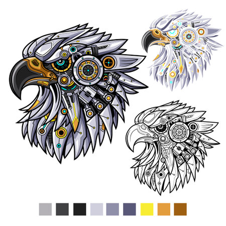 Robot eagle head with outline and color paletteのイラスト素材