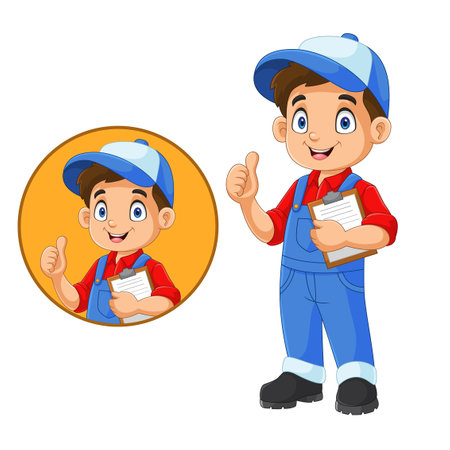 Cute little mechanic cartoon showing thumbs upのイラスト素材