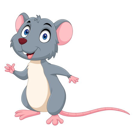 Cartoon Gray mouse waving on white backgroundのイラスト素材